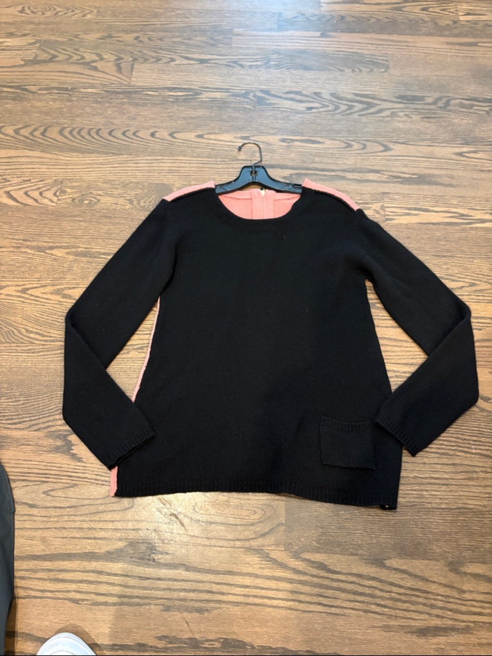 Black Crewneck Sweater with Pink Contrast Trim